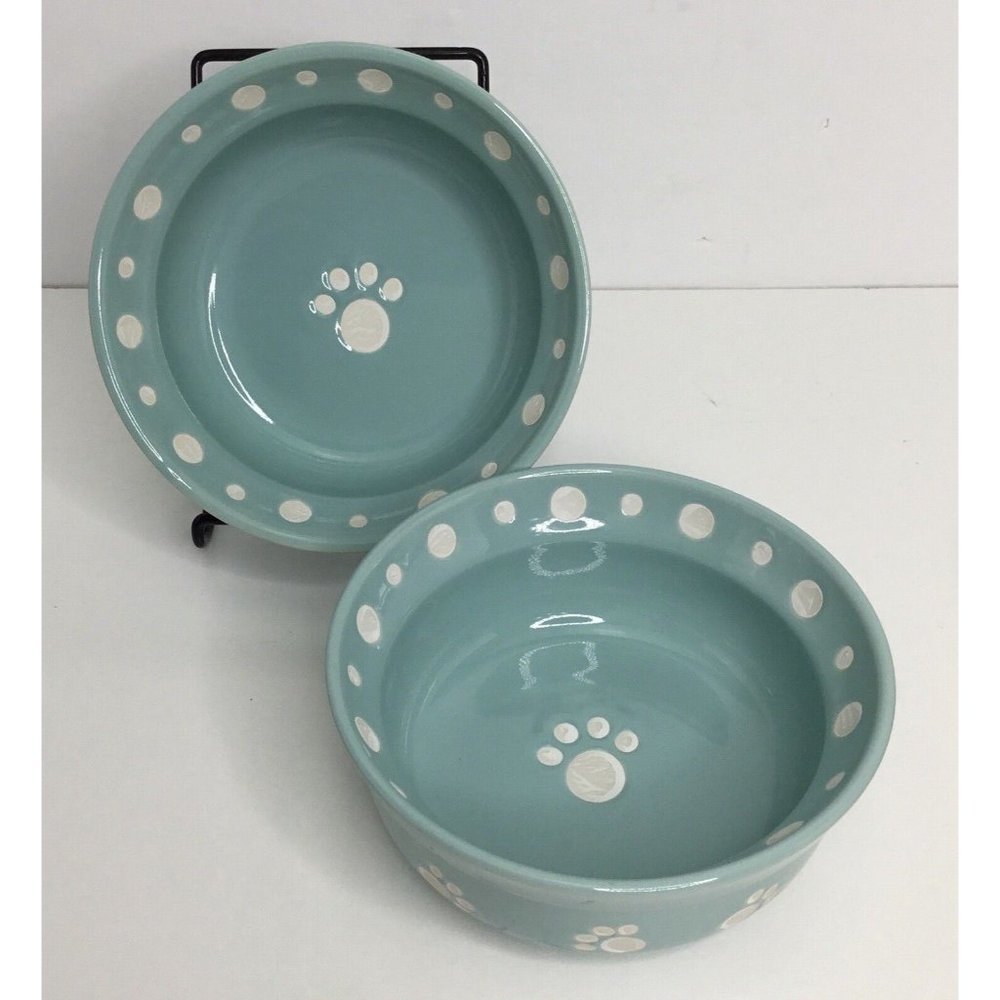2 Pet Bowls Signature Paws 6” White-Aqua Bowl New